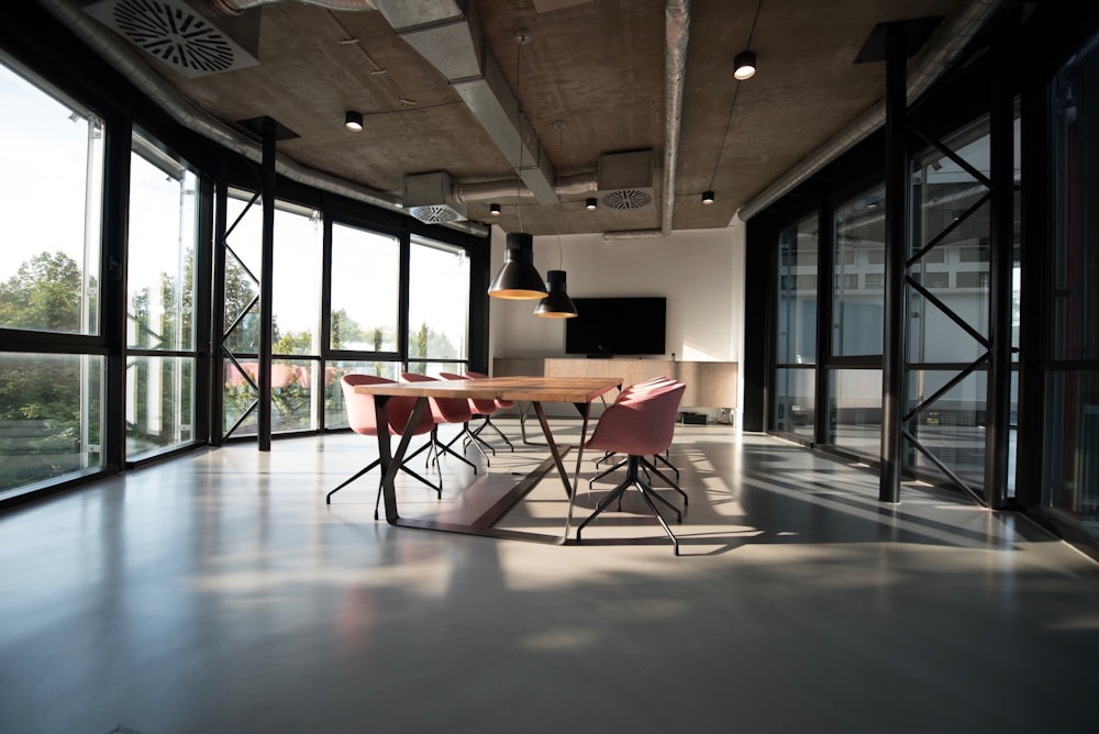 A shared workspace with meeting tables and chairs